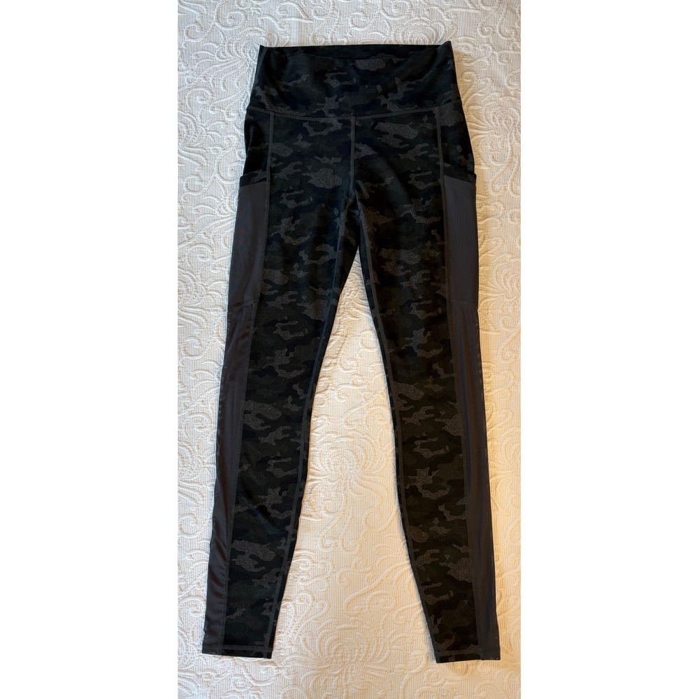 Fabletics On-The-Go PowerHold Leggings Charcoal Camo High Waisted Mesh Pockets